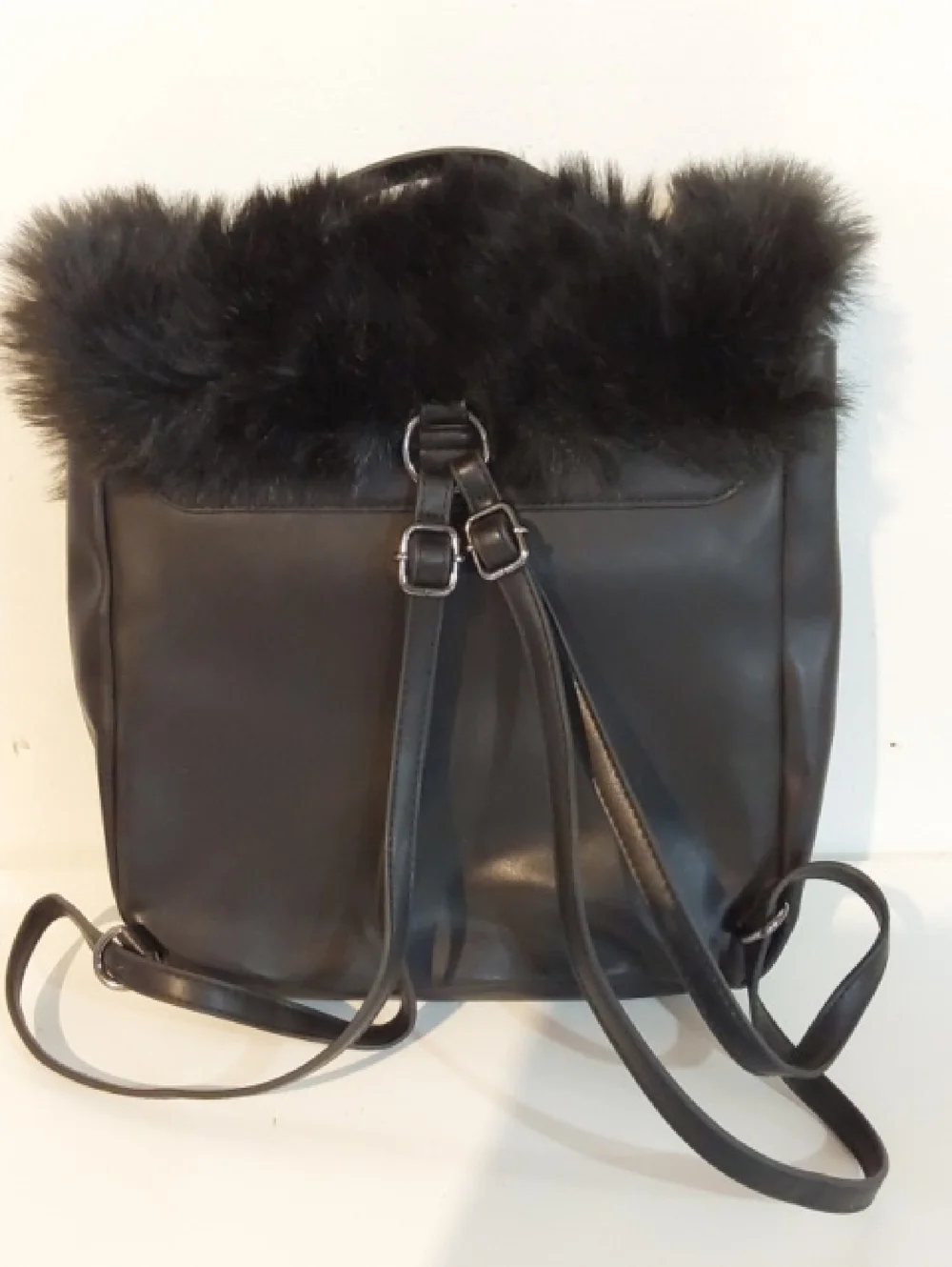 True Vibe| Womens  Boxy Black Faux Fur Flap Vinyl Backpack Trendy Sleek Medium